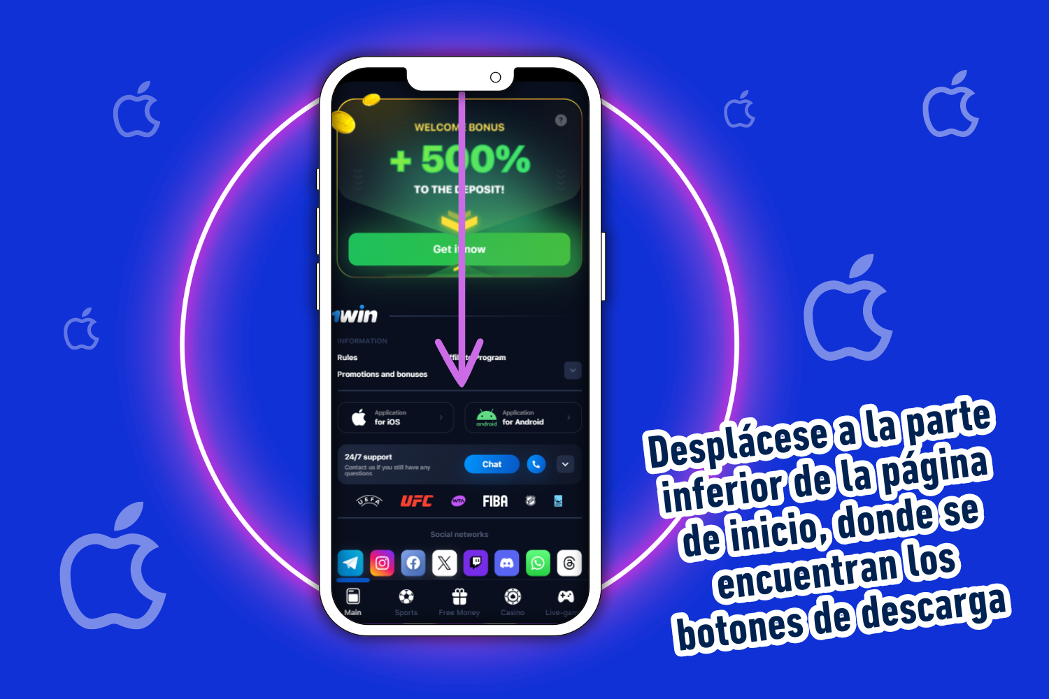 Para descargar la aplicación 1win para iOS, un usuario de México debe desplazarse hasta el final de la página principal del sitio