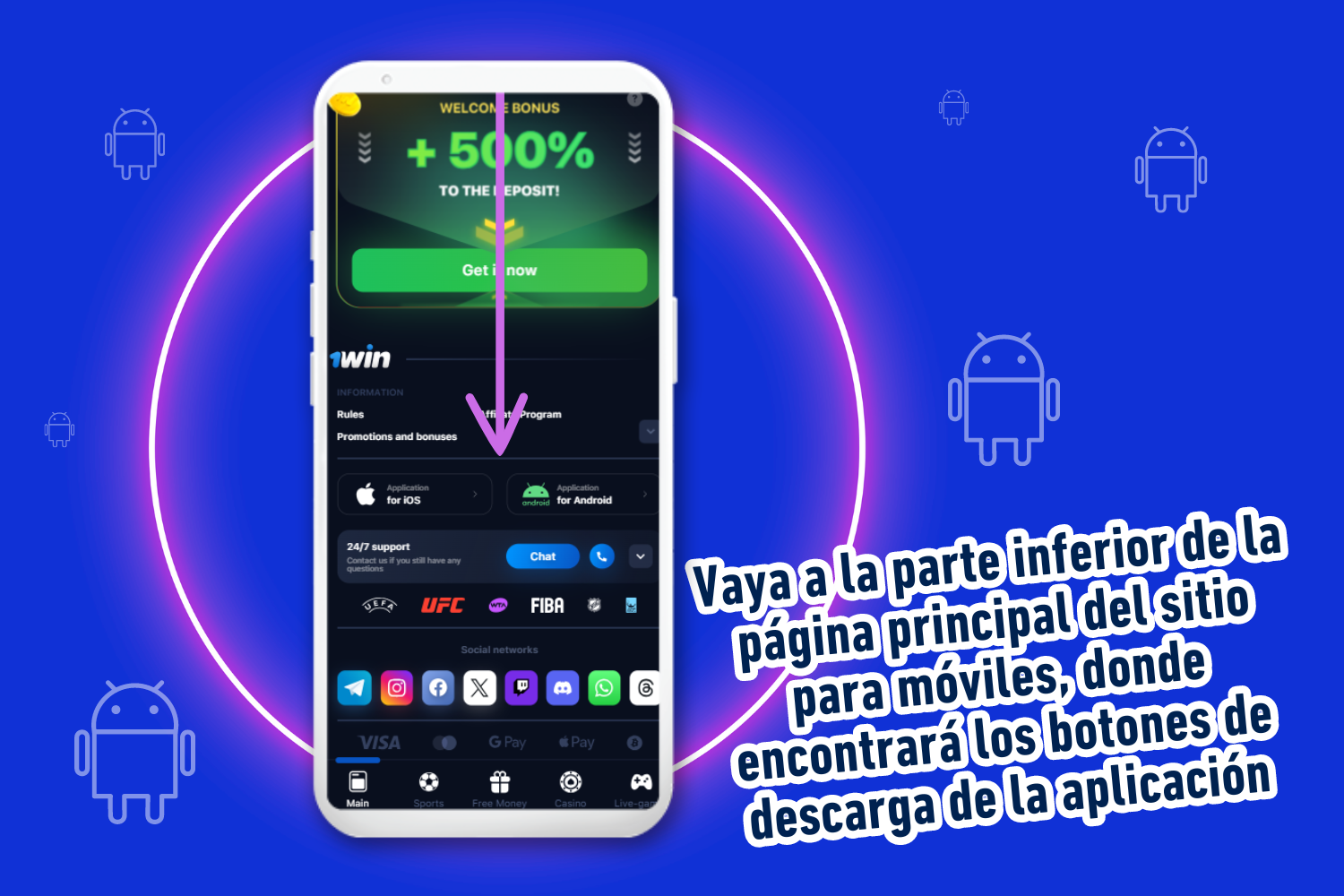 Para descargar la aplicación 1win para Android, un usuario de México debe desplazarse hasta el final del sitio
