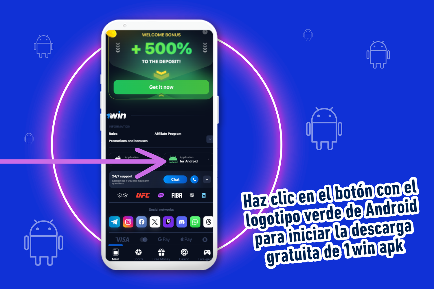 Para descargar 1win para Android, un usuario de México necesita encontrar el botón de descarga para Android